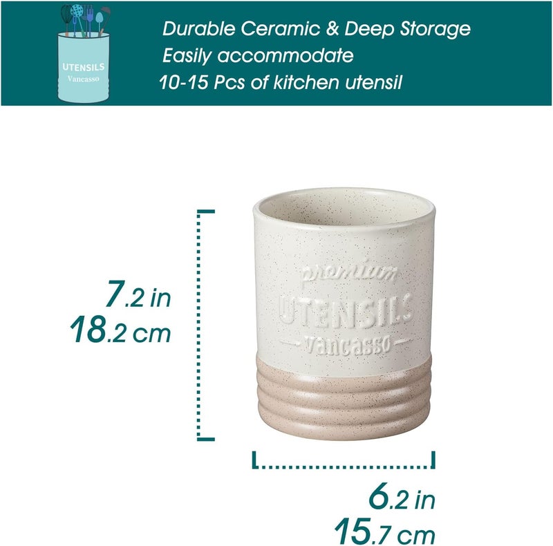 vancasso Sabine Utensil Holder, 7.2" Large Utensil Crock for Kitchen Counter, Ceramic Utensil Crock Storage, Matte Cream-Colored Farmhouse Utensil Organizer, Utensil Storage for Home Décor, Gifts - Image 2